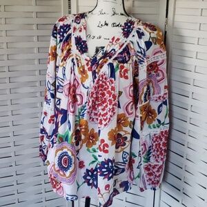 Kactus floral v-neck wide elastic cuff sleeves oversized woman tunic size L
